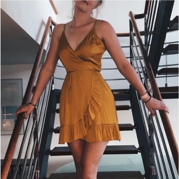 NWT Free People Gold Wrap Mini Dress All My Love Satin in mustard/gold - Picture 1 of 4
